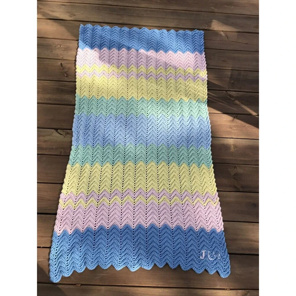 Vtg Handmade Crochet Crib Blanket Afghan 32x55 Zig Zag Chevron Green Pink Blues